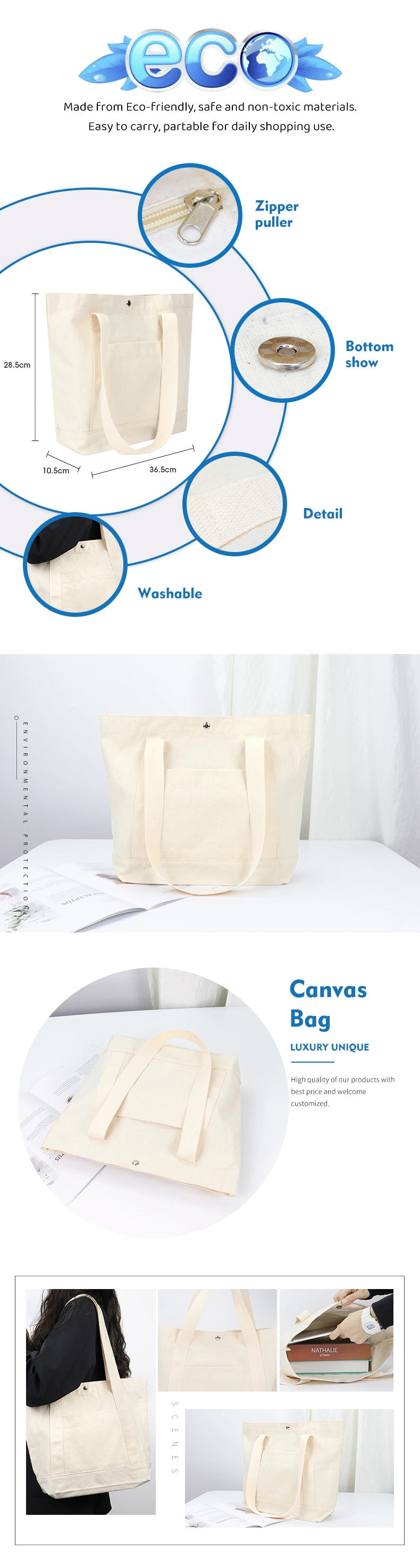 OEM/ODM Blank White RPET Cotton Canvas Handbag Daily Life Linen Tote Bag